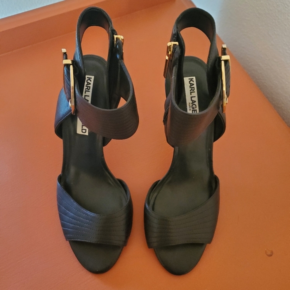 Karl Lagerfeld Paris Black Leather Peep Toe Heel - Picture 4 of 9